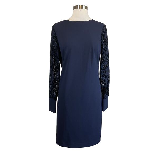 Ralph Lauren Women Cocktail Dress Size 6 Blue Crepe and Lace Long Sleeve Sheath - Picture 1 of 12